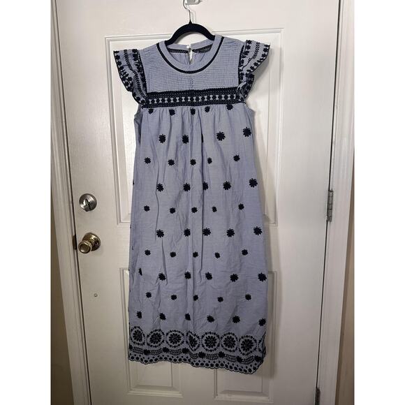 Zara Woman Dress Womens Small Blue Embroidered Floral Boho Midi Summer Cotton - Picture 3 of 7